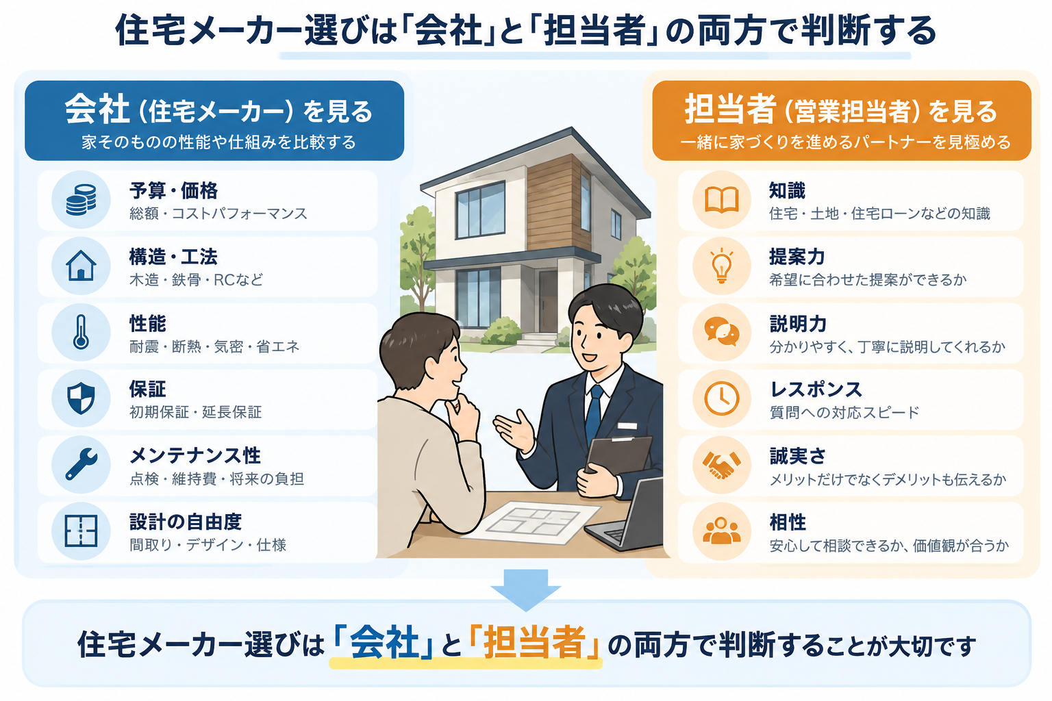 住宅メーカー選びで会社と担当者の両方を比較するポイントを整理した図解