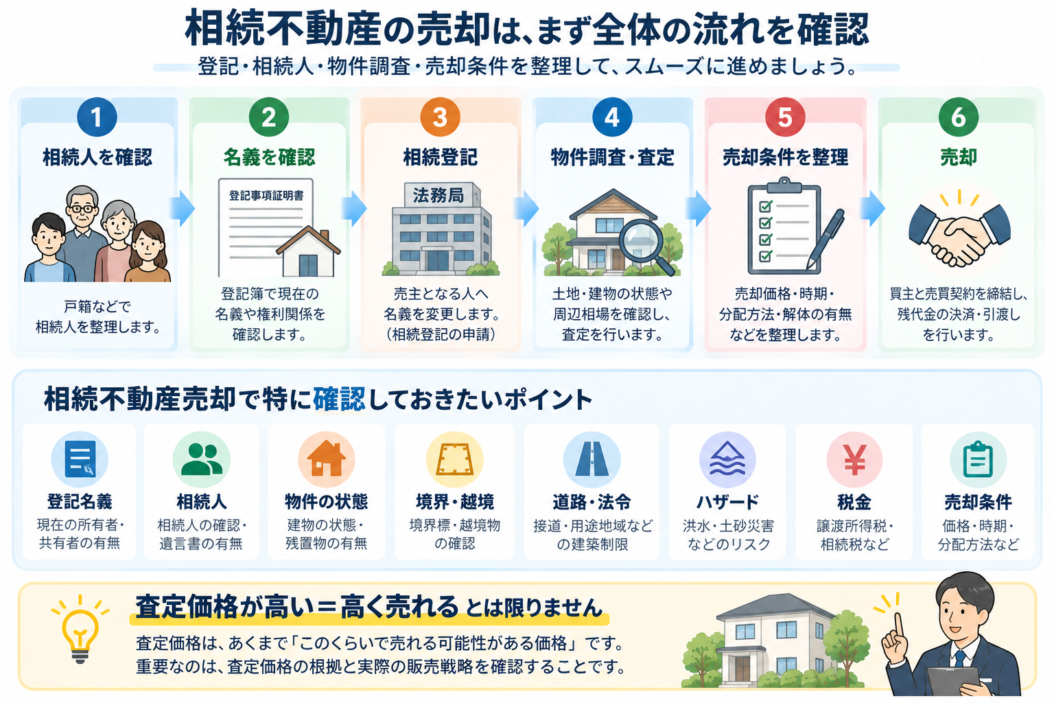 相続不動産を売却する前の流れと確認ポイントを整理した図解