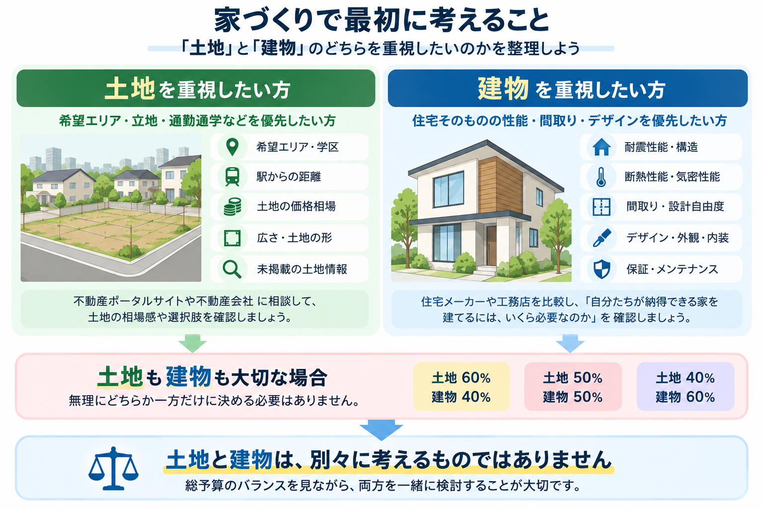 家づくりで土地と建物のどちらを重視するかを整理する図解