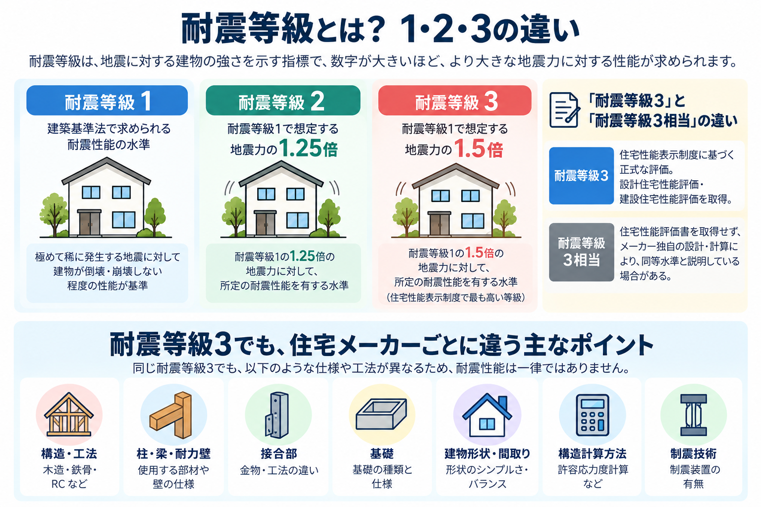 耐震等級1・2・3の違いと、耐震等級3を比較するときの確認ポイントを簡潔に整理した図解