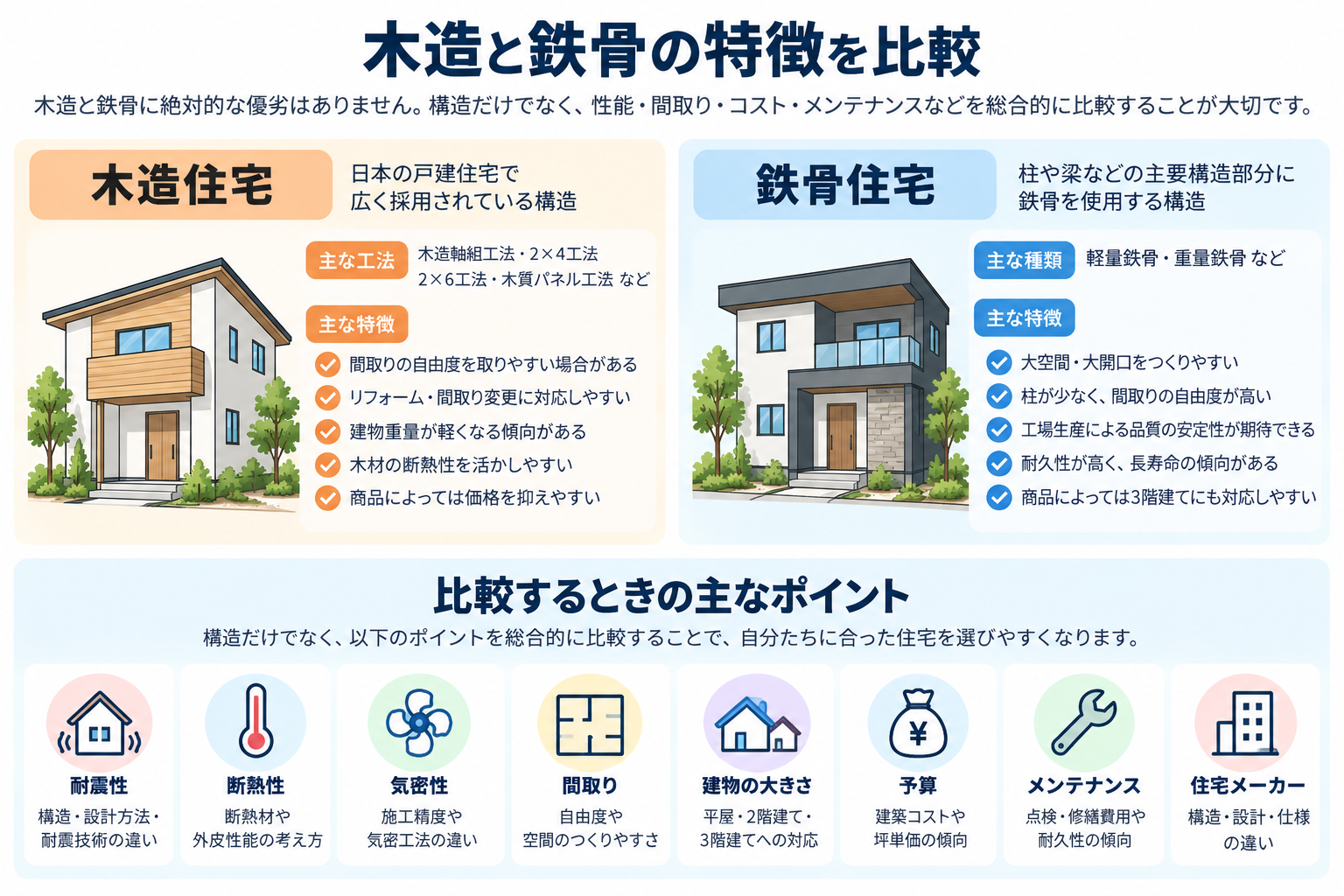 木造住宅と鉄骨住宅の特徴と比較ポイントを簡潔に整理した図解